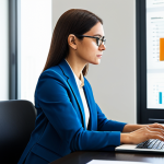 A professional businesswoman, fully clothed in a modest business suit, sitting comfortably at a sleek, modern desk in a well-lit contemporary office. She is intently looking at a tablet displaying financial charts and graphs, with a clear, focused, and determined expression, embodying the process of setting specific financial goals. The scene is bright and professional. Appropriate attire, safe for work, perfect anatomy, correct proportions, natural pose, well-formed hands, proper finger count, natural body proportions, professional photography, high quality, family-friendly.