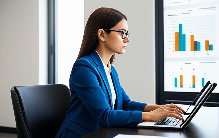 A professional businesswoman, fully clothed in a modest business suit, sitting comfortably at a sleek, modern desk in a well-lit contemporary office. She is intently looking at a tablet displaying financial charts and graphs, with a clear, focused, and determined expression, embodying the process of setting specific financial goals. The scene is bright and professional. Appropriate attire, safe for work, perfect anatomy, correct proportions, natural pose, well-formed hands, proper finger count, natural body proportions, professional photography, high quality, family-friendly.