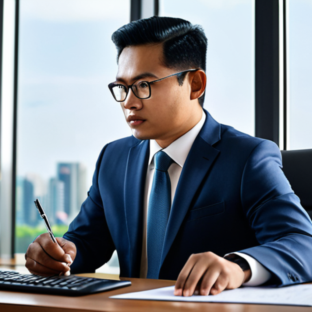 A highly focused Malay male stock investment consultant in a crisp, modest business suit, seated at a sleek, modern desk, intensely analyzing financial data on multiple large monitors. Open financial reports and a pen are neatly placed beside him. The backdrop is a contemporary, well-lit office with a blurred cityscape view through a large window, conveying a sense of global awareness and advanced technology. Professional photography, high-resolution, sharp focus, perfect anatomy, correct proportions, natural pose, well-formed hands, proper finger count, natural body proportions, safe for work, appropriate content, fully clothed, professional dress, modest attire.