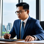 A highly focused Malay male stock investment consultant in a crisp, modest business suit, seated at a sleek, modern desk, intensely analyzing financial data on multiple large monitors. Open financial reports and a pen are neatly placed beside him. The backdrop is a contemporary, well-lit office with a blurred cityscape view through a large window, conveying a sense of global awareness and advanced technology. Professional photography, high-resolution, sharp focus, perfect anatomy, correct proportions, natural pose, well-formed hands, proper finger count, natural body proportions, safe for work, appropriate content, fully clothed, professional dress, modest attire.