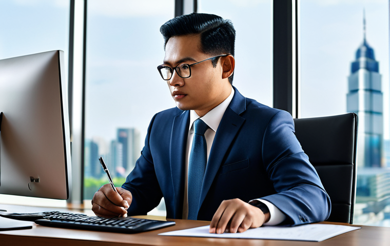 A highly focused Malay male stock investment consultant in a crisp, modest business suit, seated at a sleek, modern desk, intensely analyzing financial data on multiple large monitors. Open financial reports and a pen are neatly placed beside him. The backdrop is a contemporary, well-lit office with a blurred cityscape view through a large window, conveying a sense of global awareness and advanced technology. Professional photography, high-resolution, sharp focus, perfect anatomy, correct proportions, natural pose, well-formed hands, proper finger count, natural body proportions, safe for work, appropriate content, fully clothed, professional dress, modest attire.