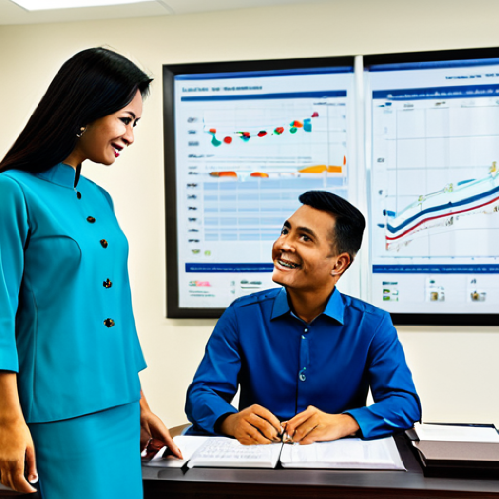 **

"A professional financial consultant, fully clothed in a modest baju kurung, advising a client in a modern Kuala Lumpur office setting, appropriate attire, safe for work, perfect anatomy, natural proportions, friendly and professional demeanor, financial charts visible in the background, family-friendly image, high quality."

**